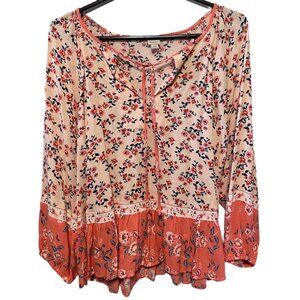 🌺 LOFT Beach Boho Floral Peasant Blouse Small – Coral & Blue